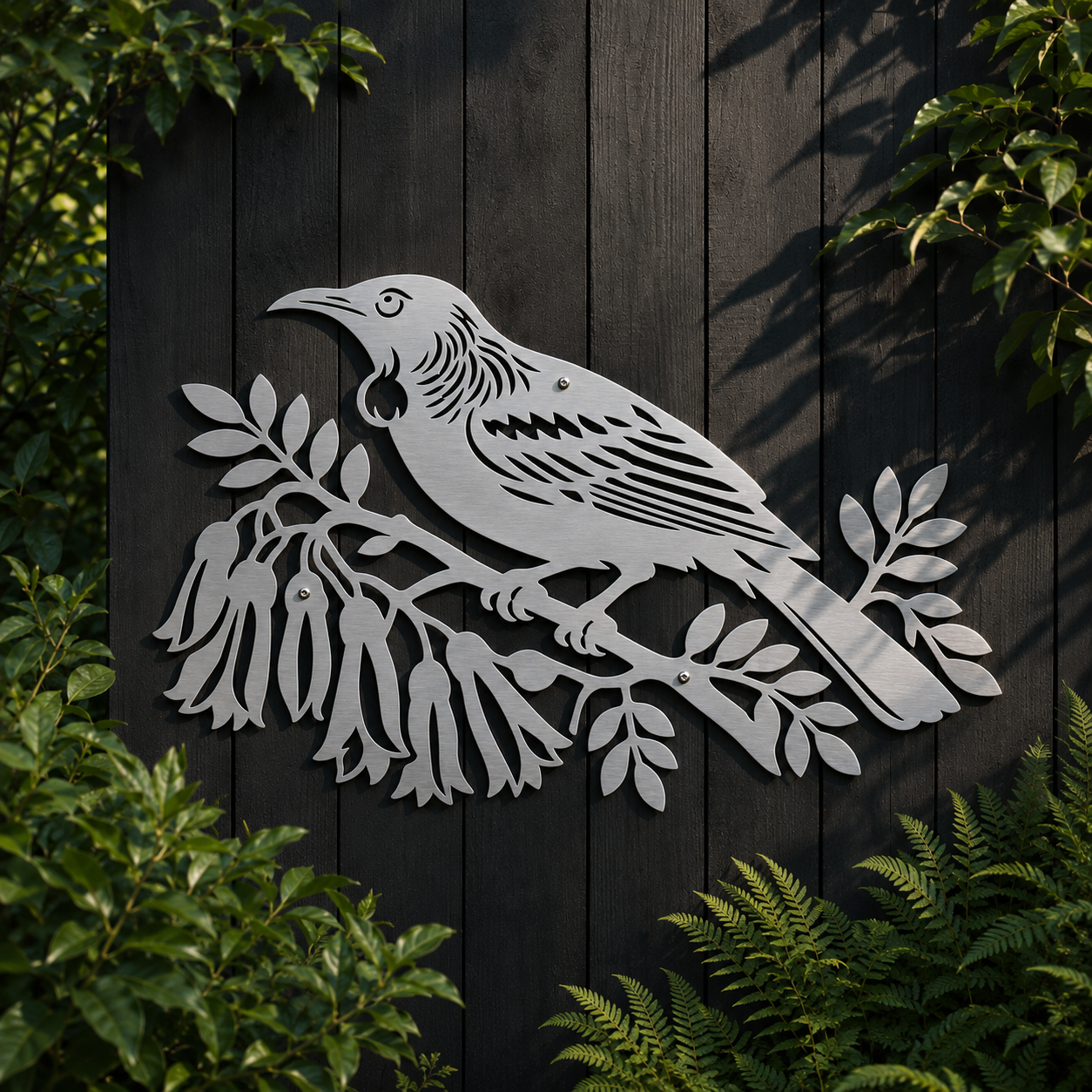 Stainless steel Tui Bird wall art displayed outdoors